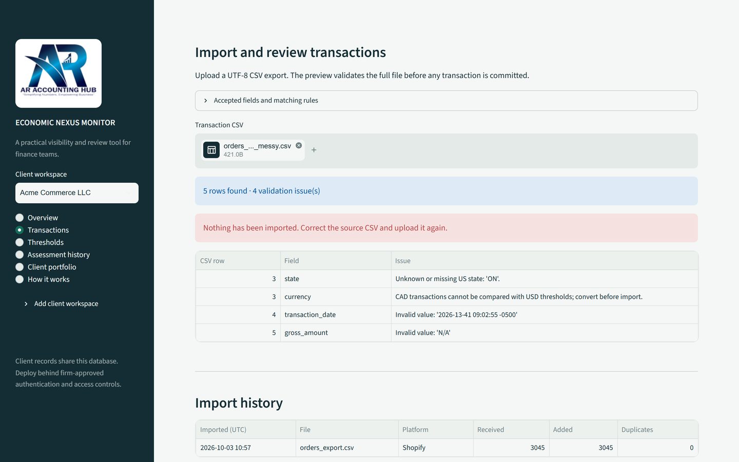 Nexus Ledger validation screen listing four row errors: unknown state ON, CAD currency, invalid date and invalid amount, with the message Nothing has been imported.